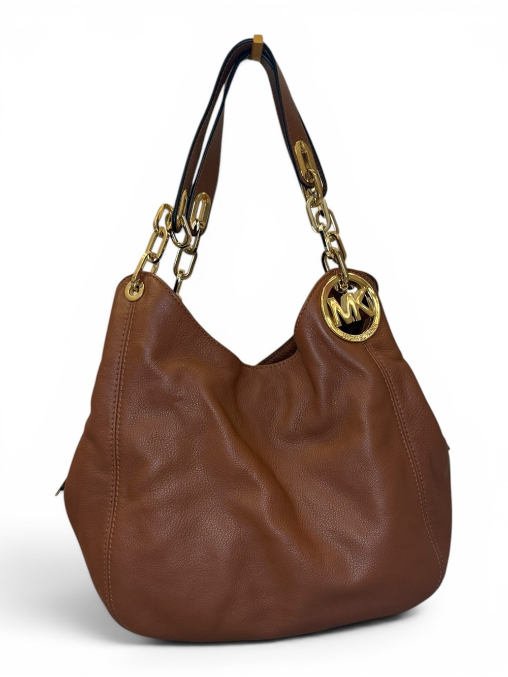Michael Kors Brown Leather Shoulder Hobo Bag with Gold Chain Accents